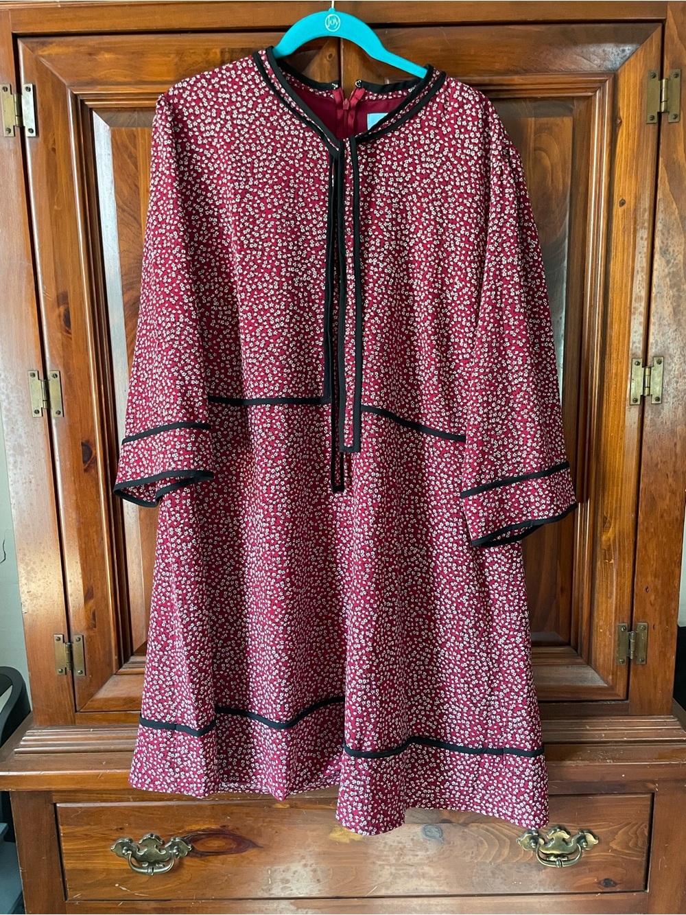 CeCe Burgundy Floral Dress with Black Trim